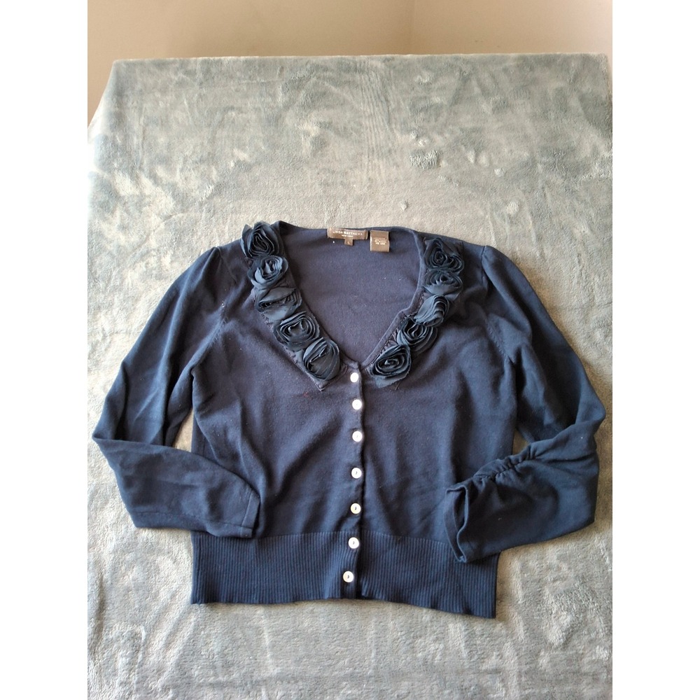 Linda Matthews Navy Blue Rosette Floral V-Neck Button Front Cardigan Sweater L